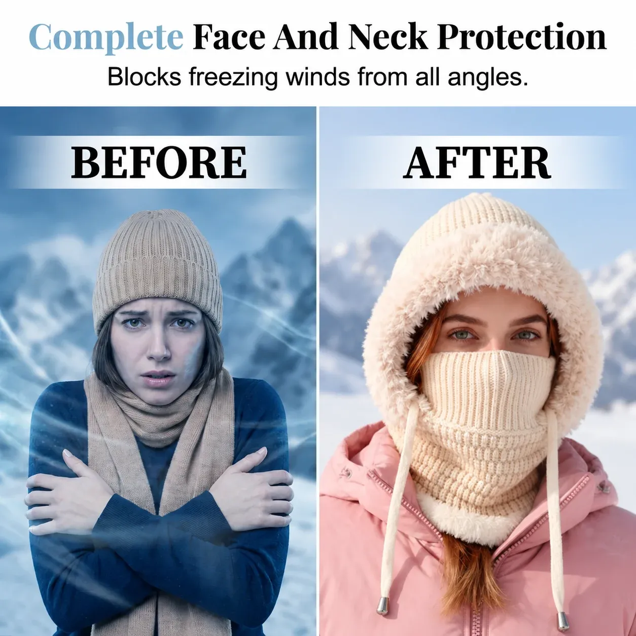 Winter beanie providing head, ear, lower-face and neck coverage