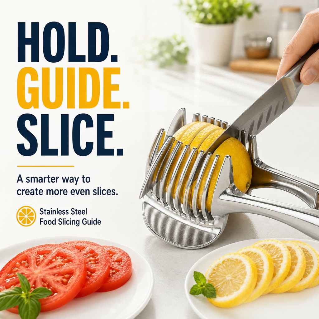 Kitchen slicing guide holding produce for more even cutting