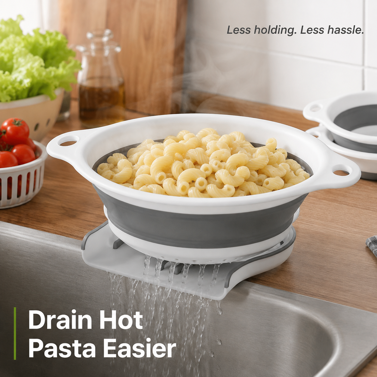 Small, medium, and large silicone colander sizes comparison