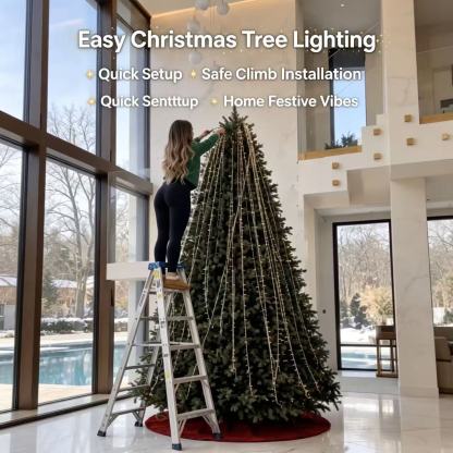Woman easily hanging smart string lights on a tall Christmas tree using a step ladder at home.