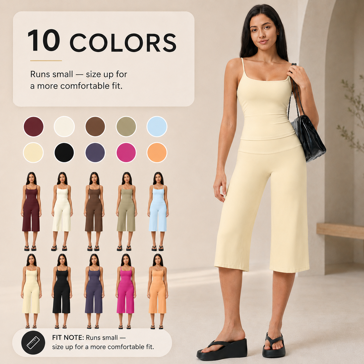 Women's 2-piece fitted tank and high-waist cropped pants full look