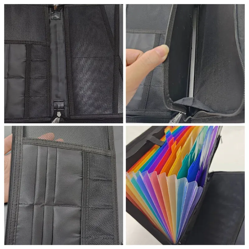 Document organizer interior with accordion pockets passport slots card slots USB slots and zippered pouch