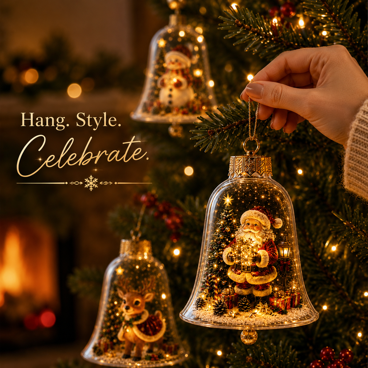 Christmas bell ornaments displayed gracefully on evergreen branches with warm lights
