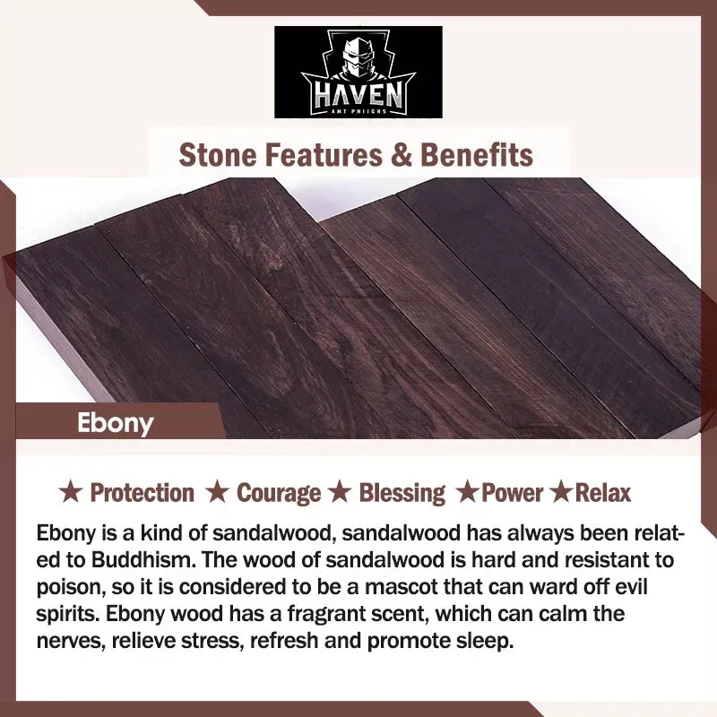 Dark-colored Ebony wood planks, the material used in the key chain, known for promoting protection, courage, and relaxation.