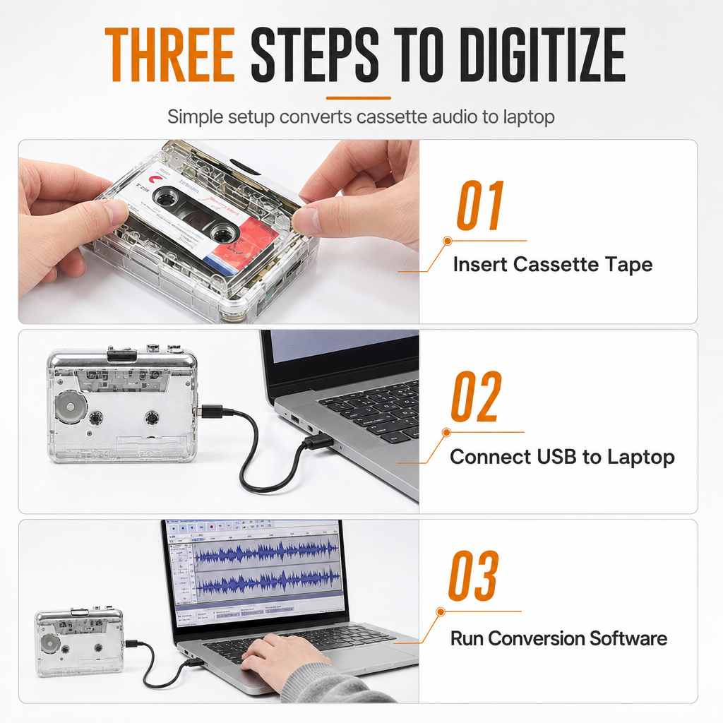 Three steps to digitize cassettes to computer MP3 files