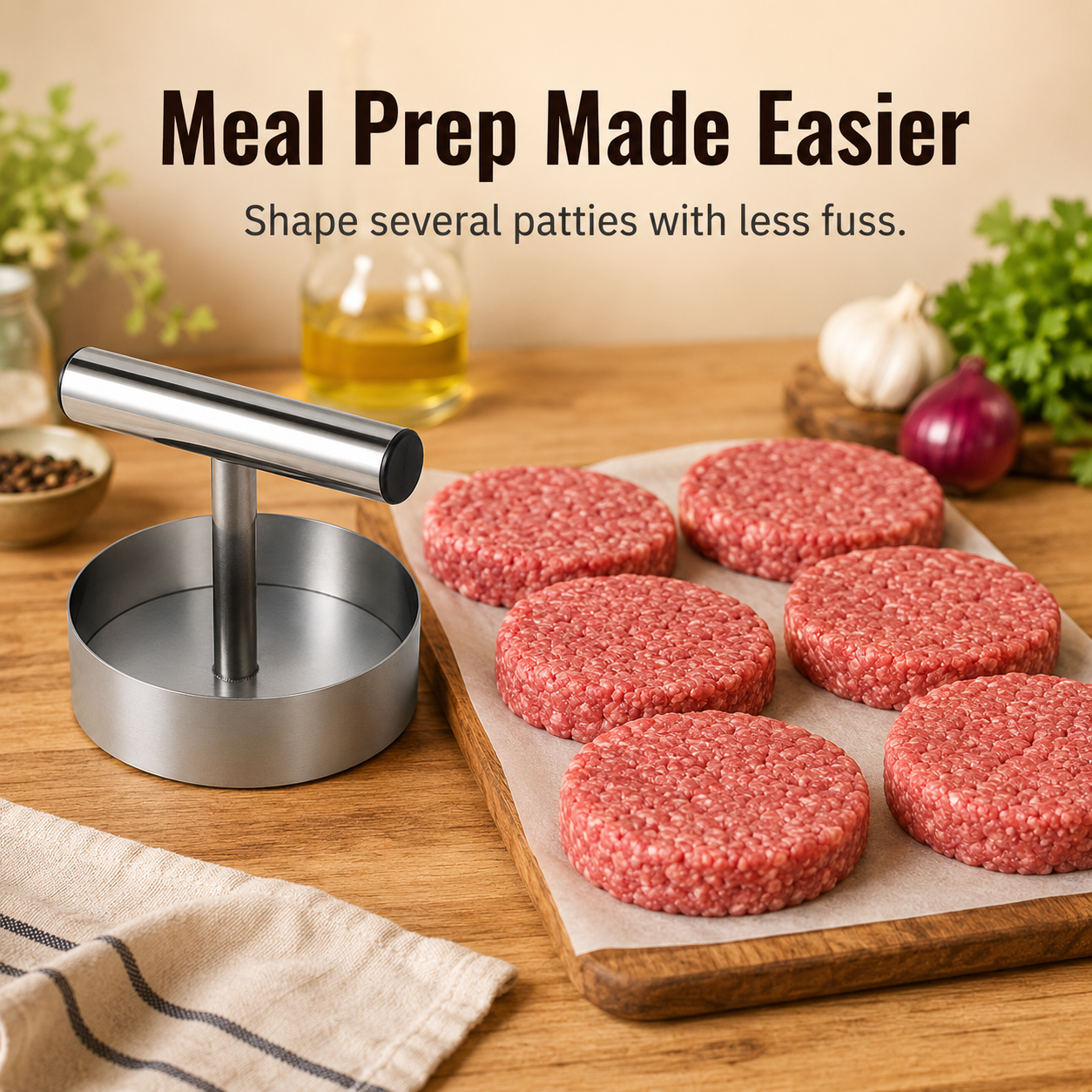 Stainless steel burger patty press and perfectly shaped meat patties