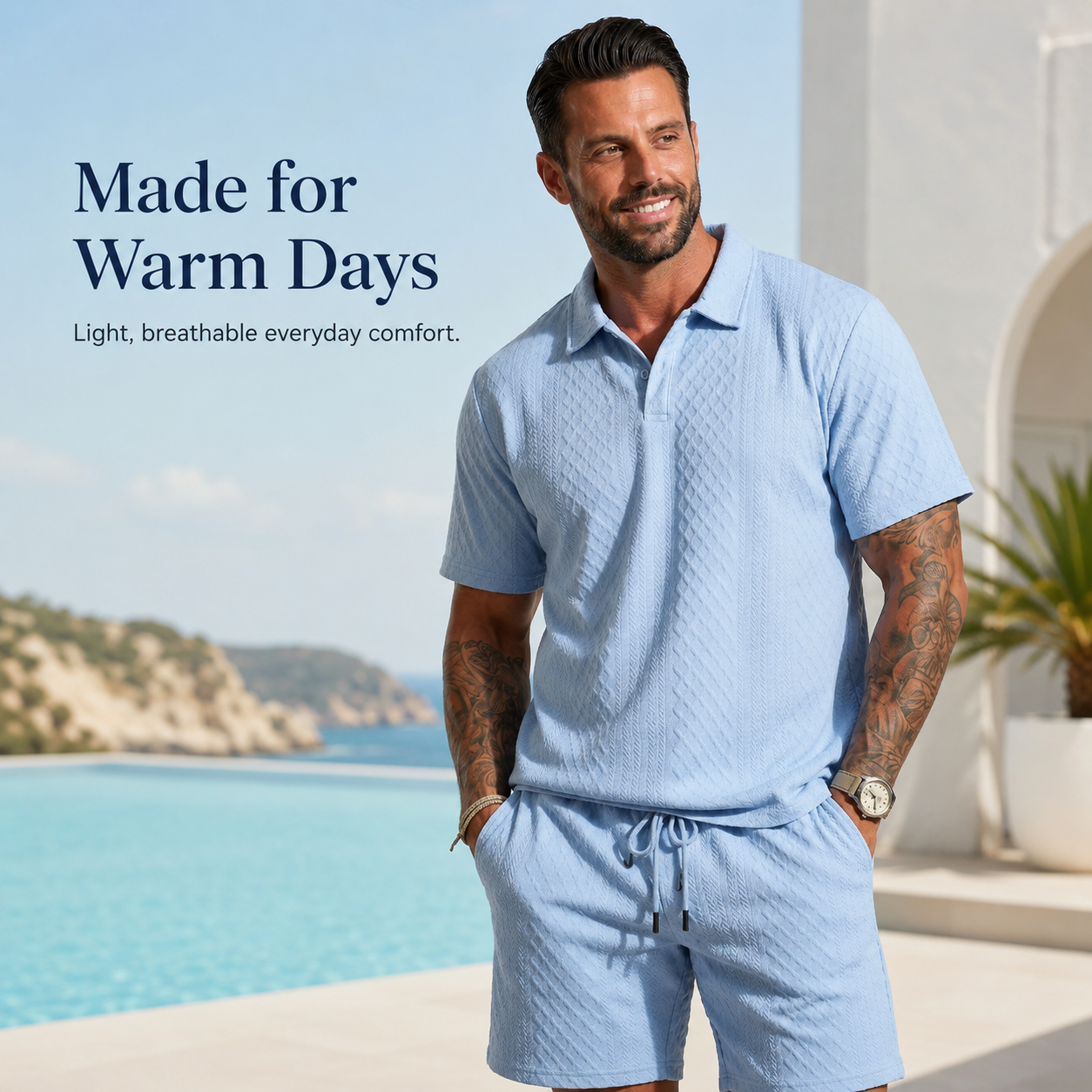 Model posing outdoors wearing textured polo and shorts outfit set