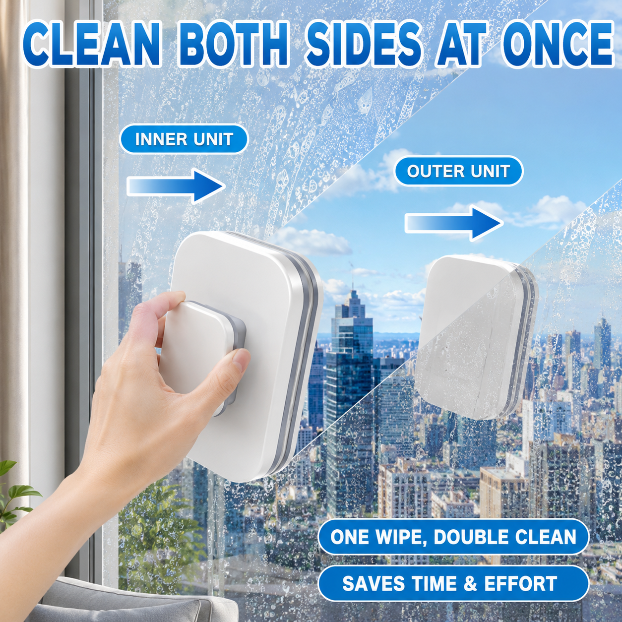 Wide cleaning area and magnetic window cleaner features