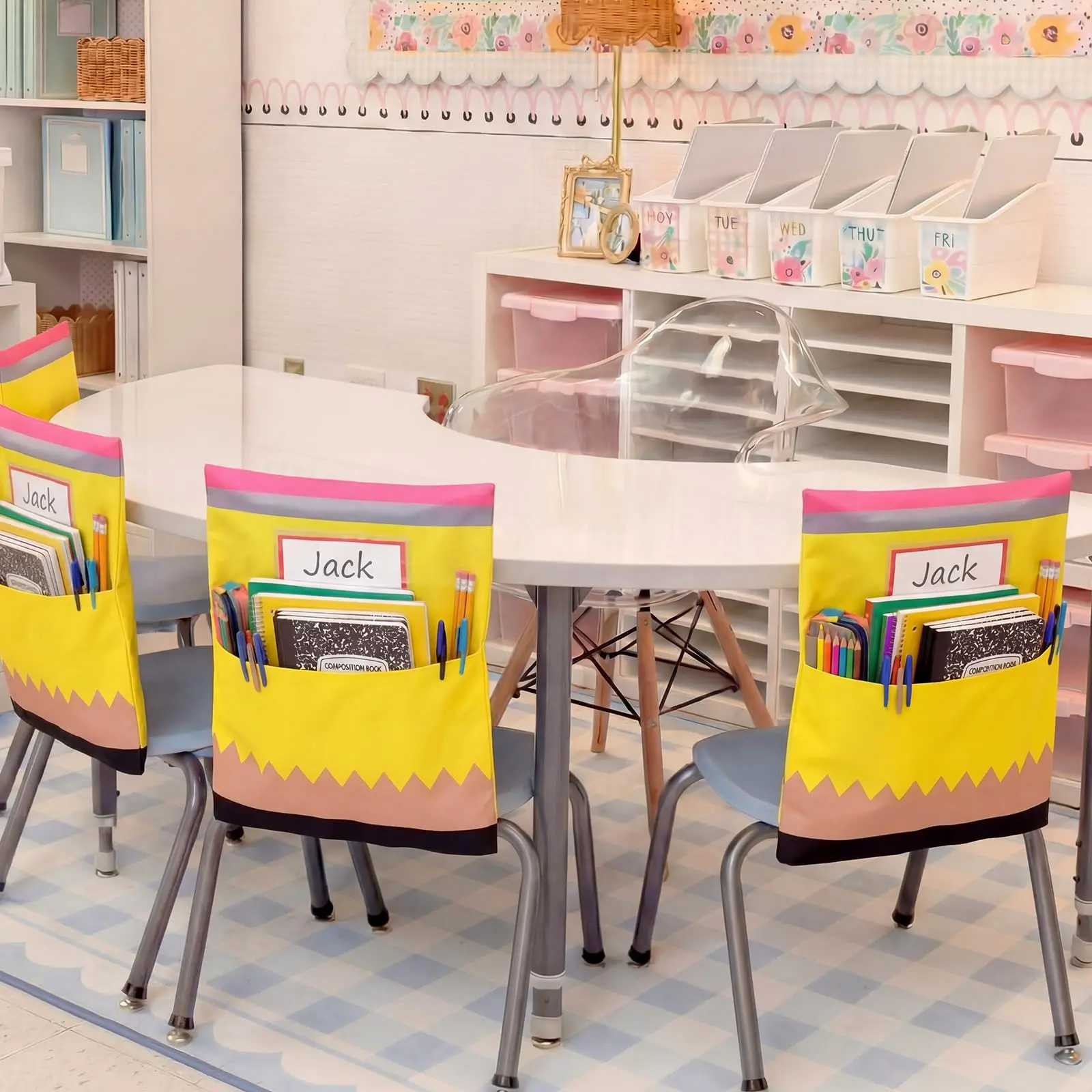 Classroom chair pocket organizer for preschool kindergarten elementary reading corner and art room