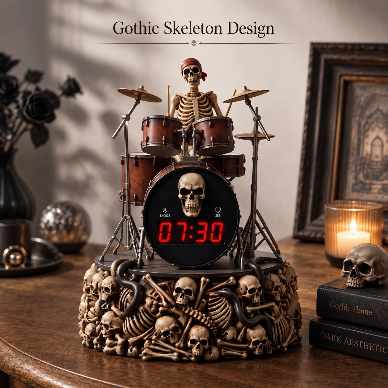 Detailed gothic skeleton drummer clock design