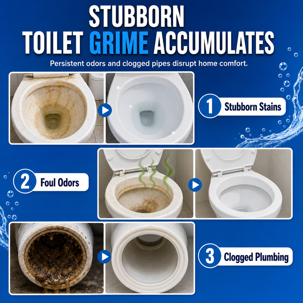 Toilet residue stains and odor buildup