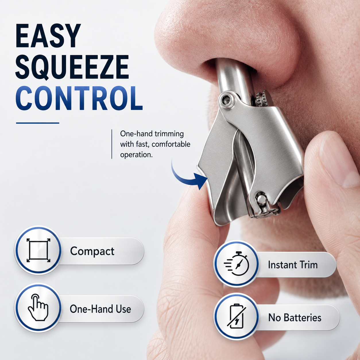 One-handed manual squeeze operation for nose hair trimmer