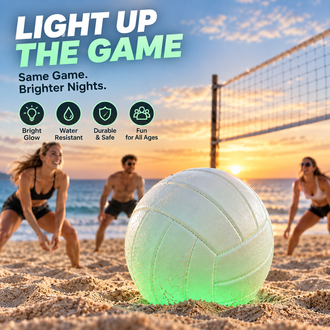 Glow volleyball shown during daylight beach play