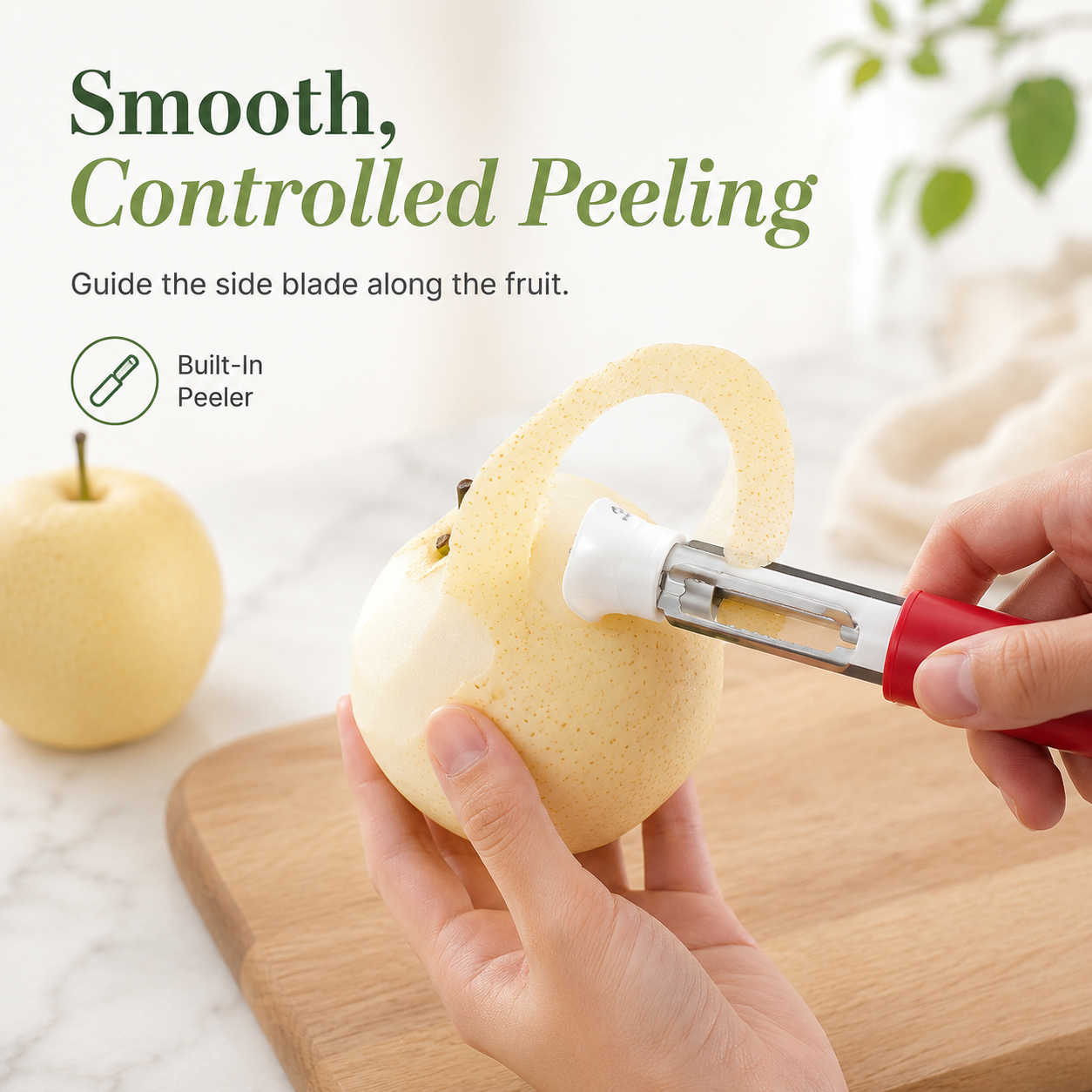 Peeling apple skin smoothly with built in side blade