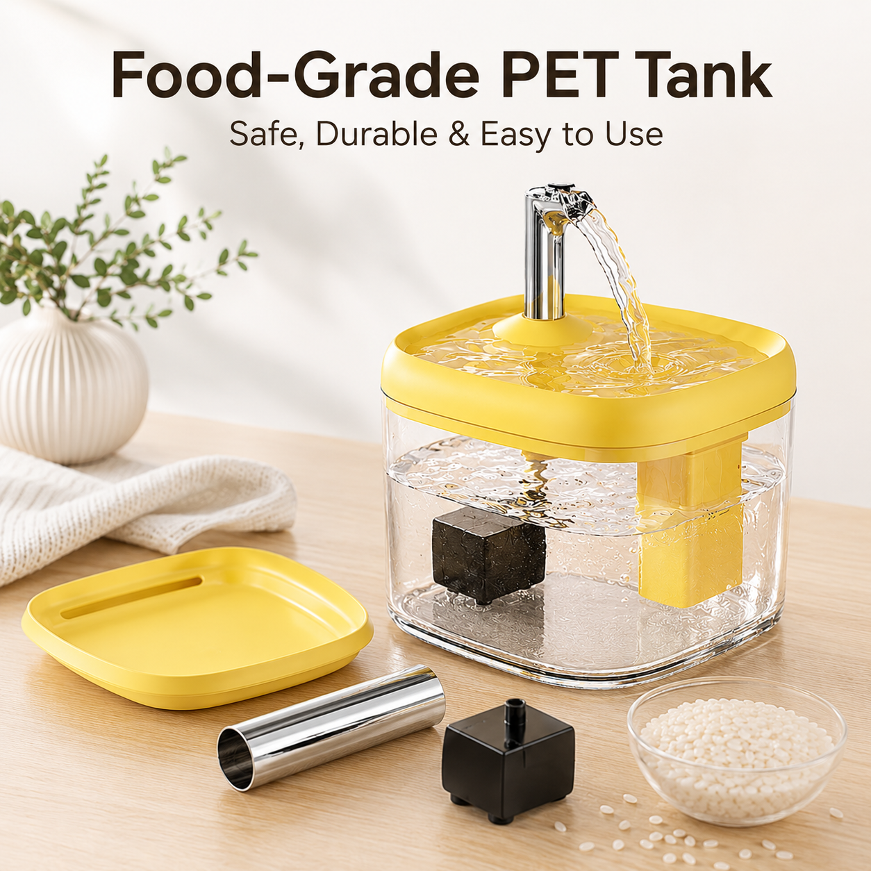 Sunny yellow and sleek black pet fountain options side by side