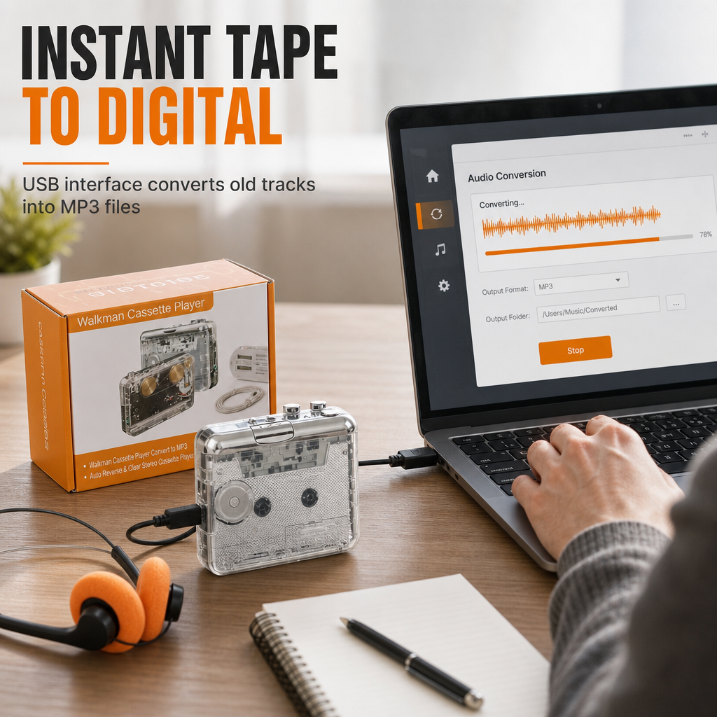 Cassette player connecting to computer laptop for digital audio recording