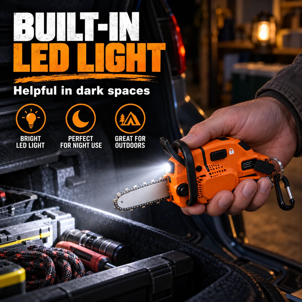 Built-in LED light on the compact utility tool used in a dark toolbox space