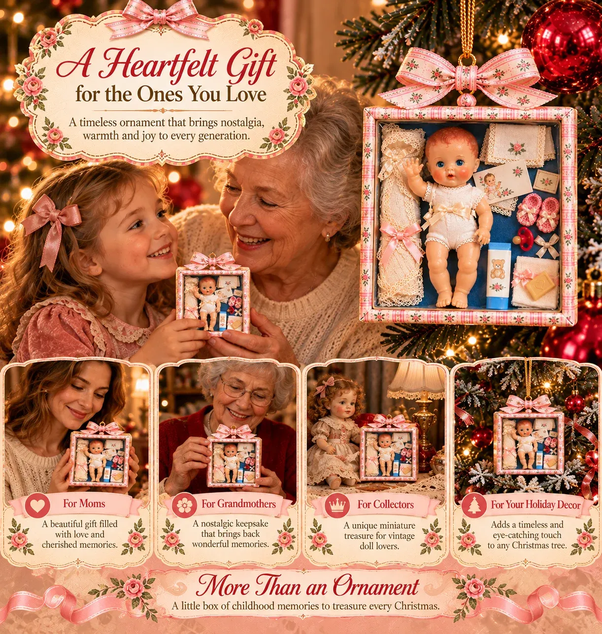 Vintage baby doll gift box ornament presented as a sentimental Christmas gift
