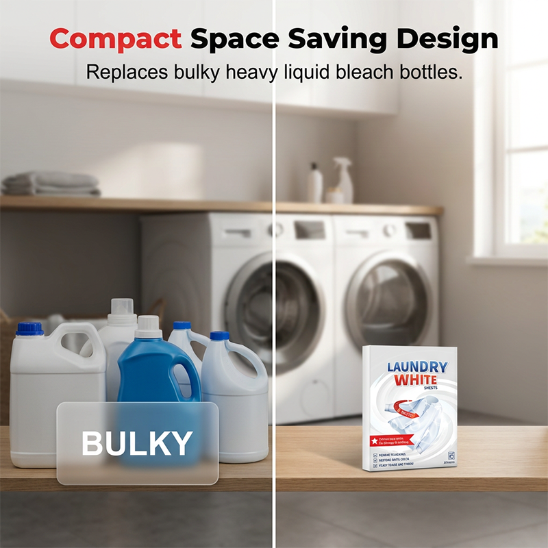 Compact box of space-saving laundry whitening sheets