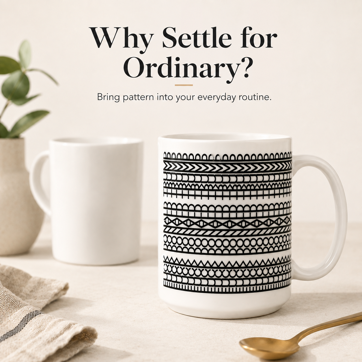 Hand holding black and white geometric coffee mug comfortably