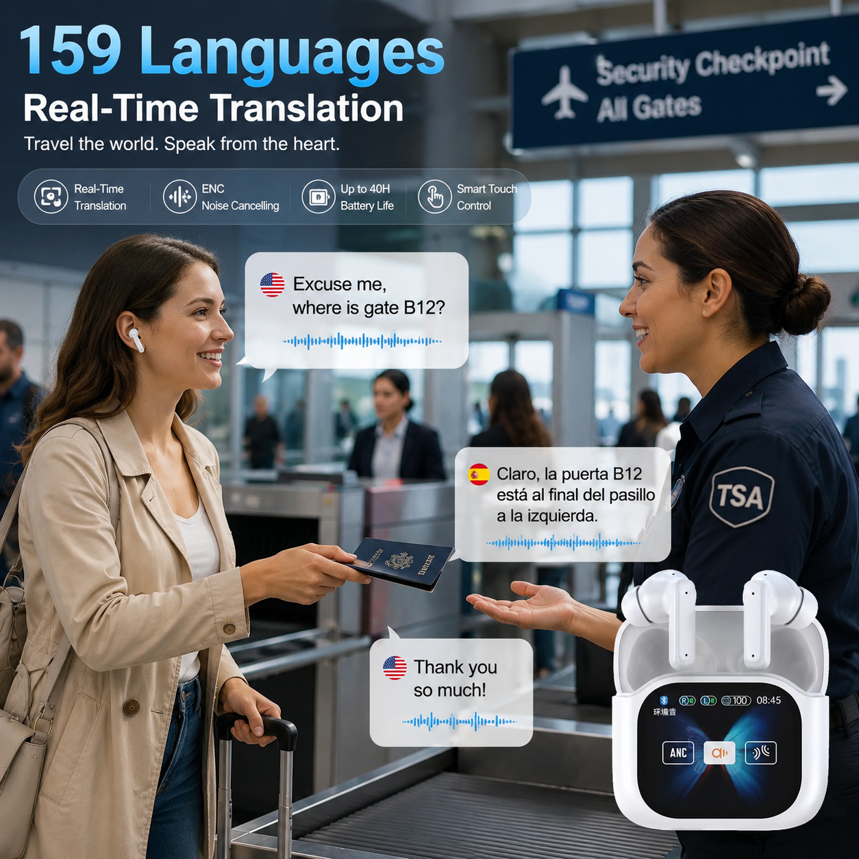 HD smart touchscreen charging case for translation earbuds