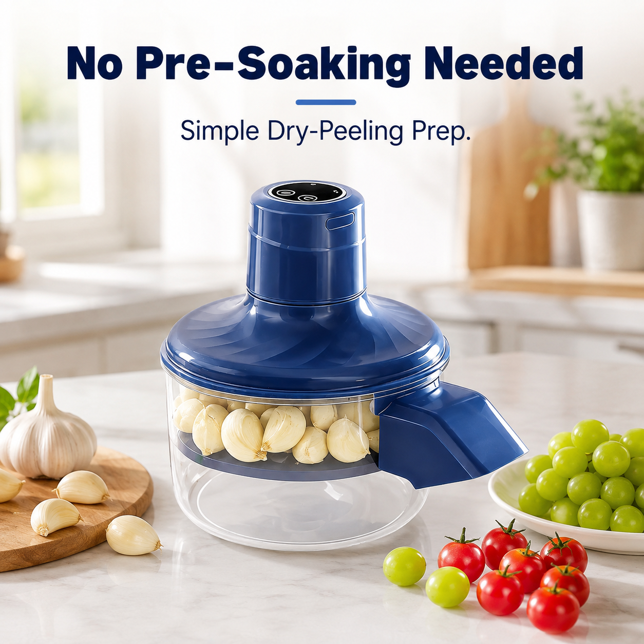 Transparent container showing internal produce peeling process