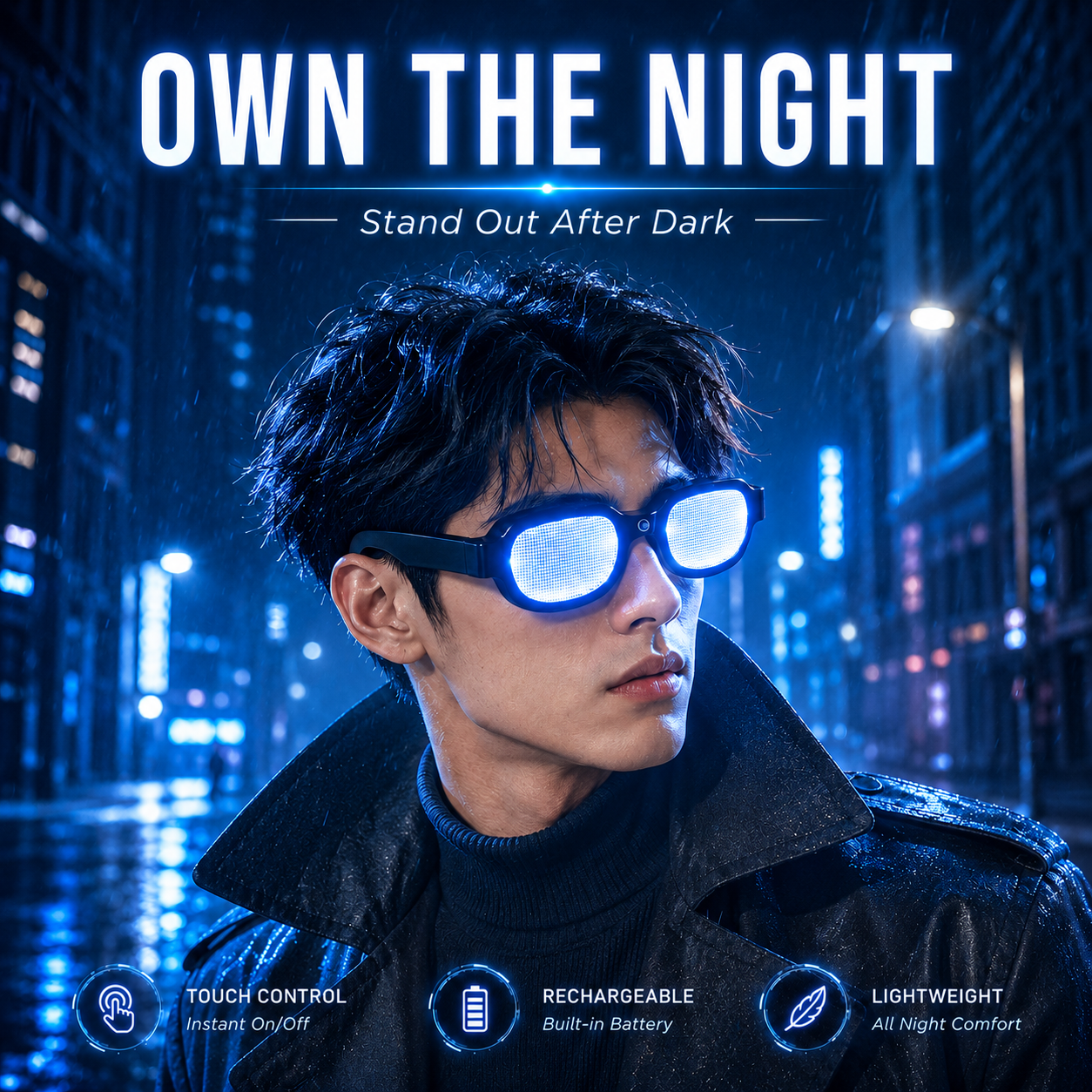 Cyberpunk detective glowing LED glasses front profile view