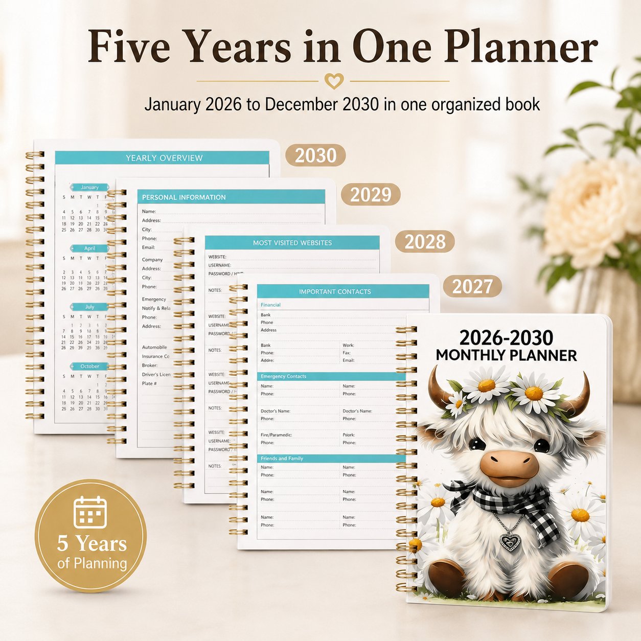 Five year monthly planner 2026 to 2030