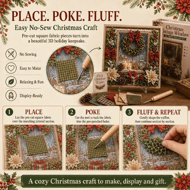 Close-up of wooden poking tool inserting fabric squares into Christmas art board