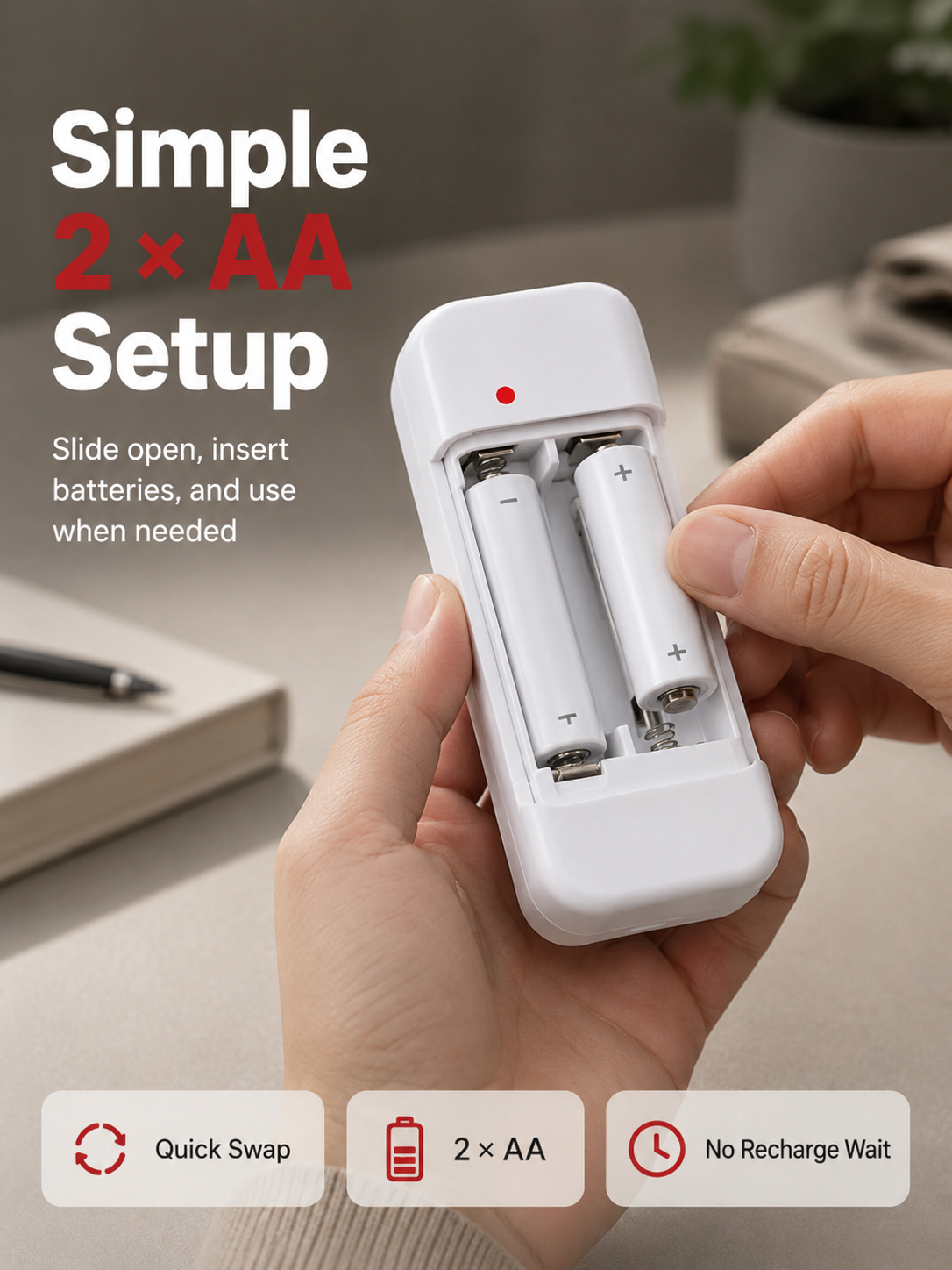 Sliding battery cover open showing dual AA battery placement compartment