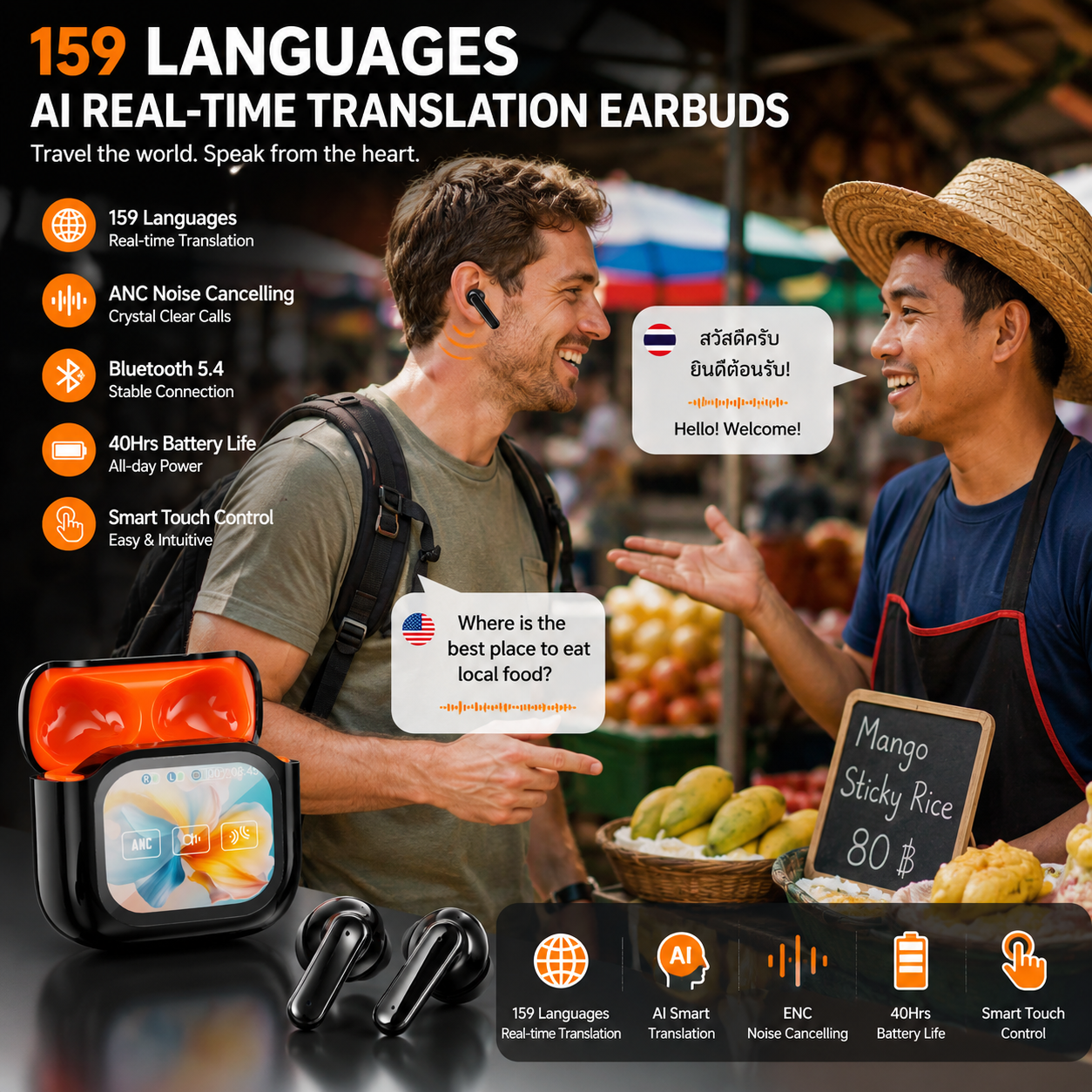 Comfortable ergonomic AI translation earbuds