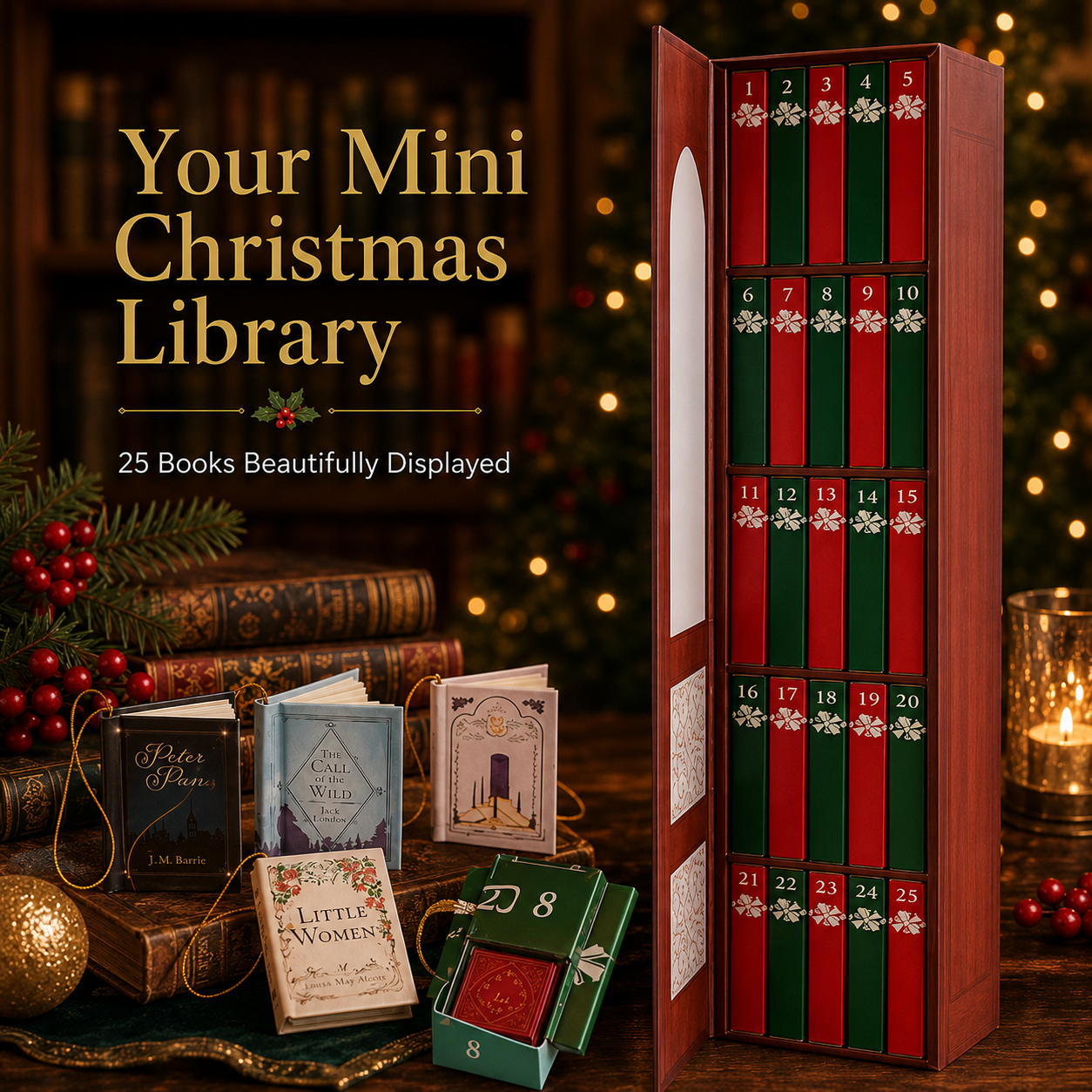 Mini book advent calendar shelf details with numbered festive spines