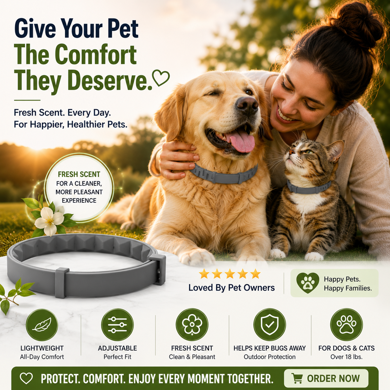 Happy dog and cat with fresh scent collar