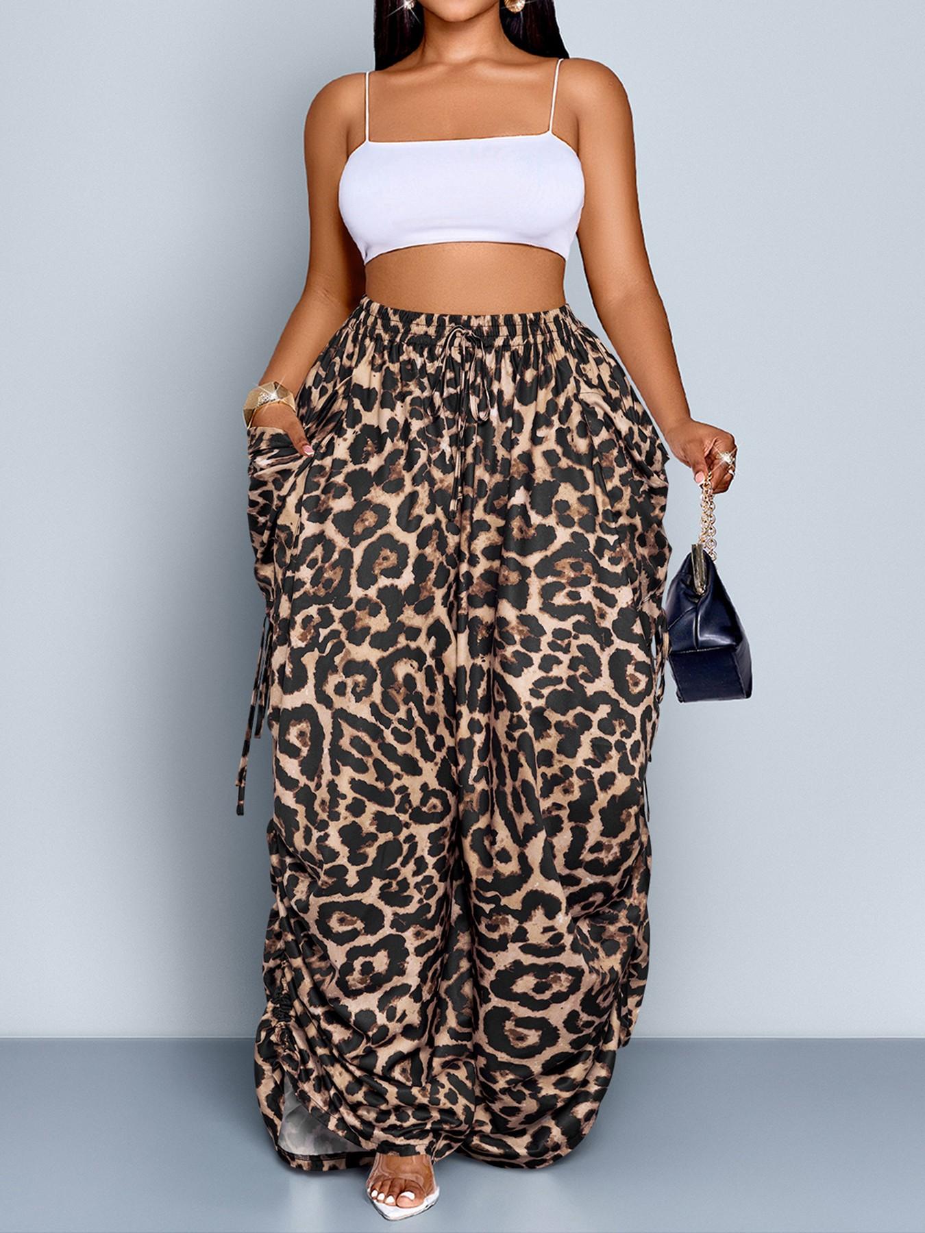 Women's Plus Size Leopard Print Wide Leg Pants, High Waist Elastic Waist Adjustable, Loose-Fitting Long Pants, Casual All Seasons Fashion, Casual High Waisted