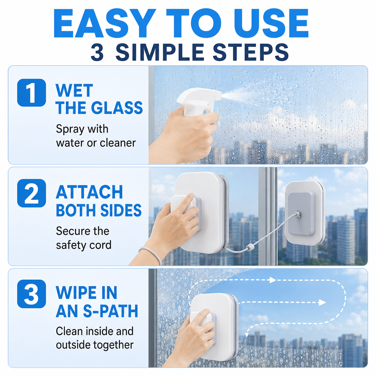 Three steps for using the double-sided window cleaner