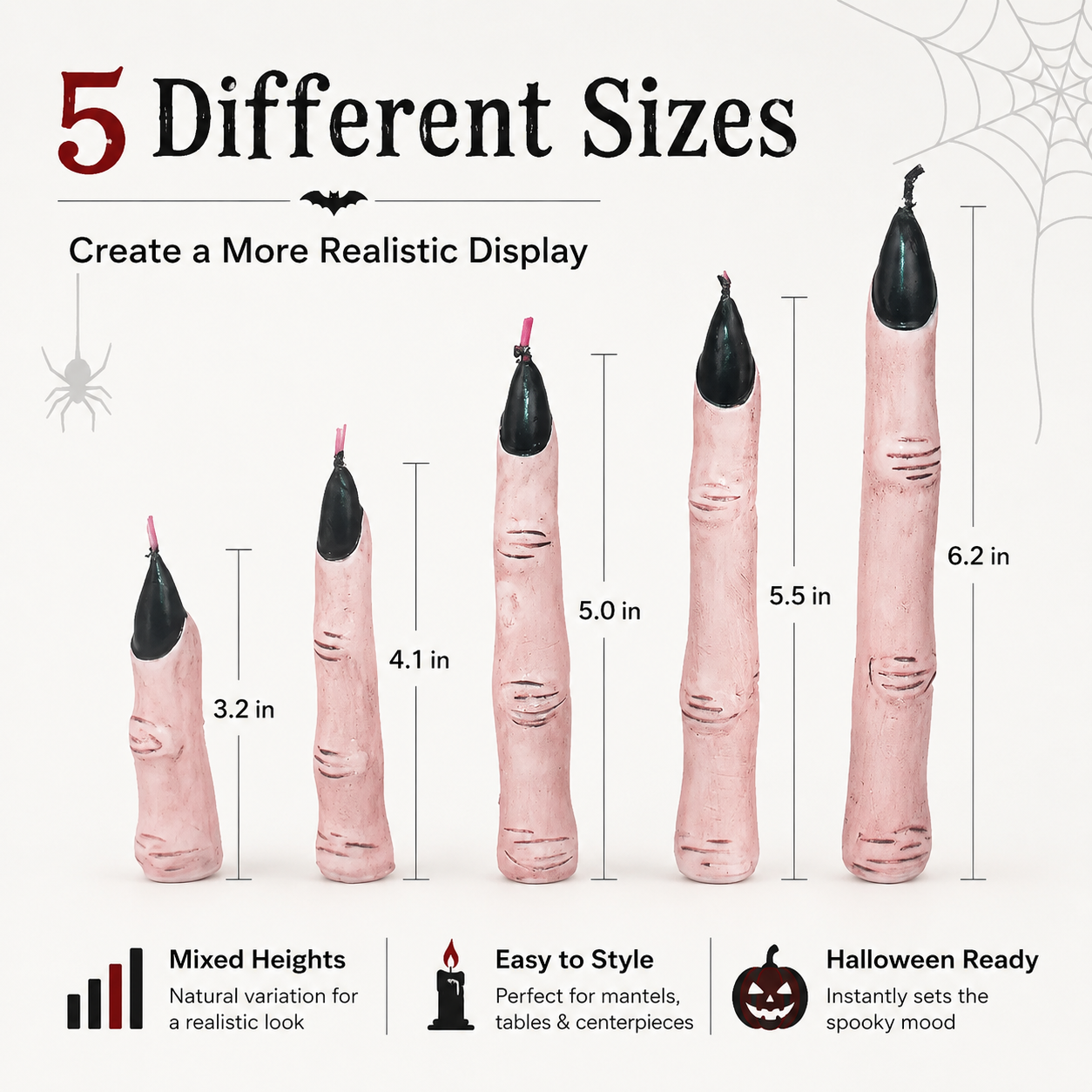 Five different sizes Halloween creepy finger candles size chart
