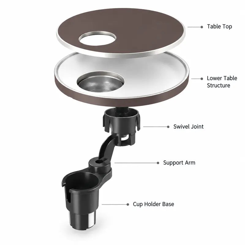 Car tray tabletop, swivel connection, support arm and mounting base