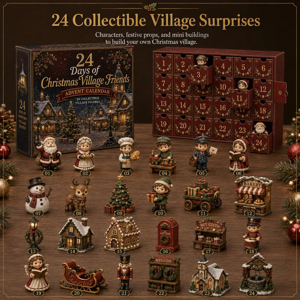 Christmas village miniatures displayed along a warm fireplace mantel with fairy lights