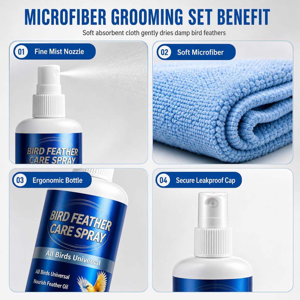 Bird grooming presentation featuring spray and a towel