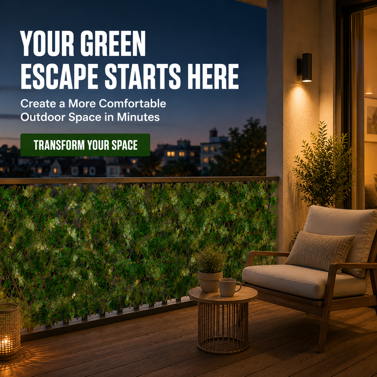 Expandable faux ivy screen installed horizontally and vertically