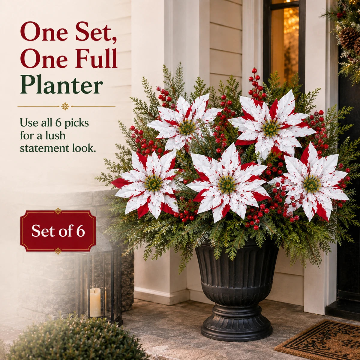 Six poinsettia planter inserts creating one full holiday planter