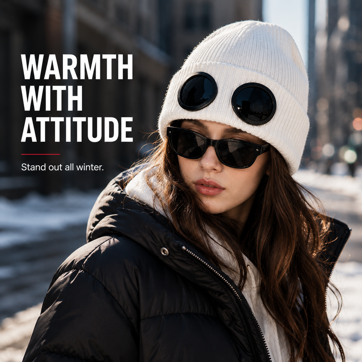 Model wearing knitted beanie with integrated dark lenses