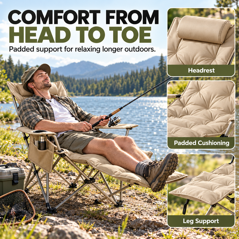 Regular camp chair compared with padded reclining lounge chair