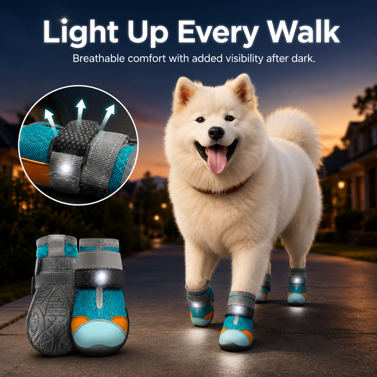 Close up of integrated LED light strap on dog boot