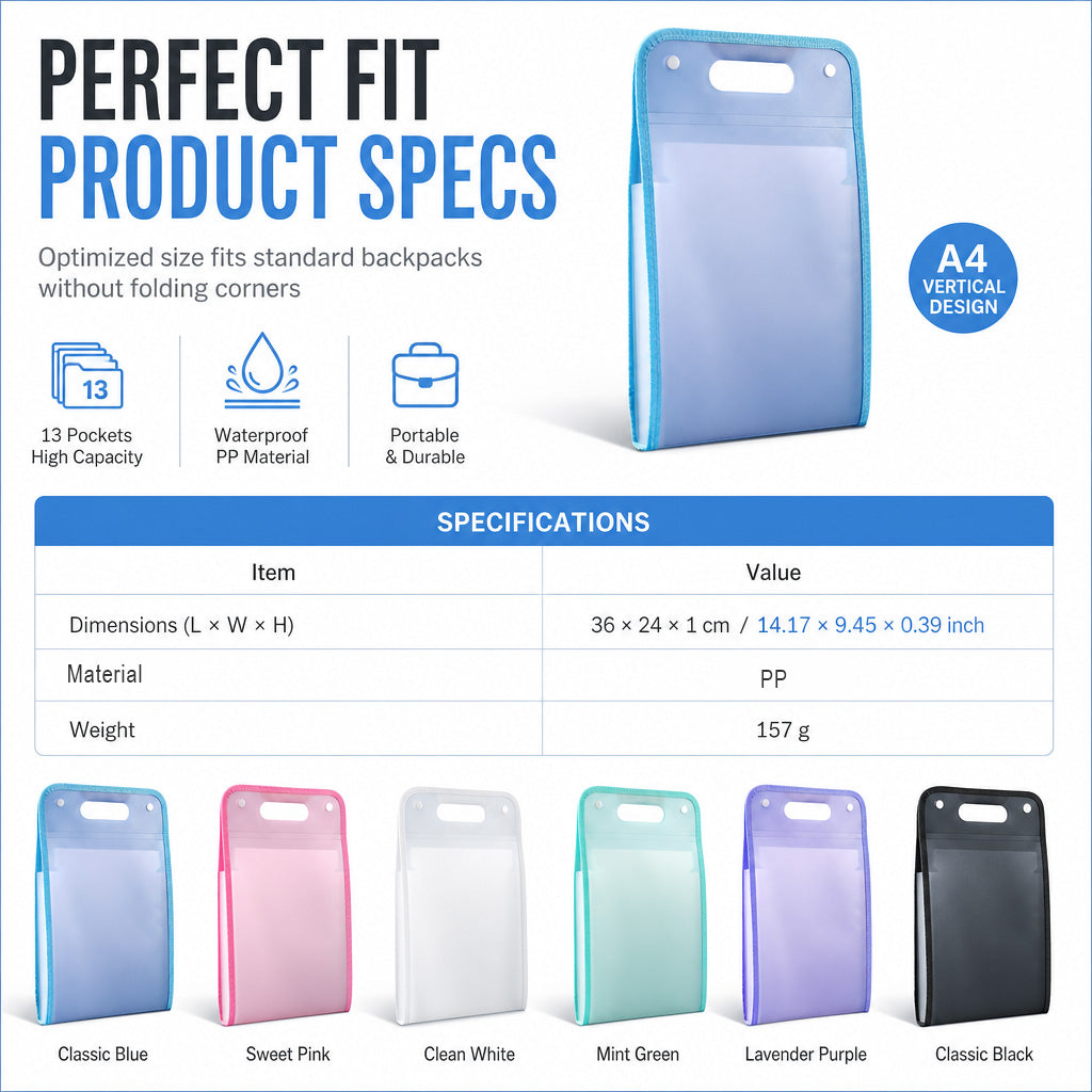 A4 vertical file folder color palette and dimensions
