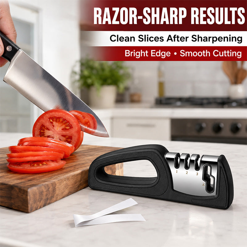 Four sharpening stages for knives and scissors