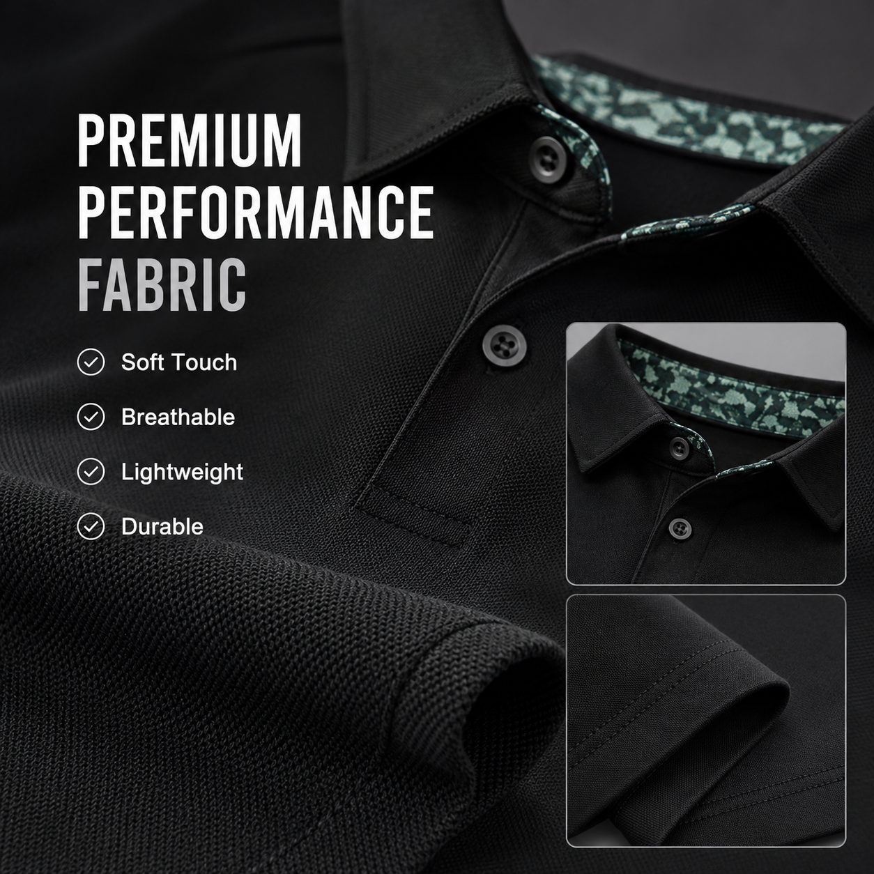 Men’s breathable stretch polo shirt front detail