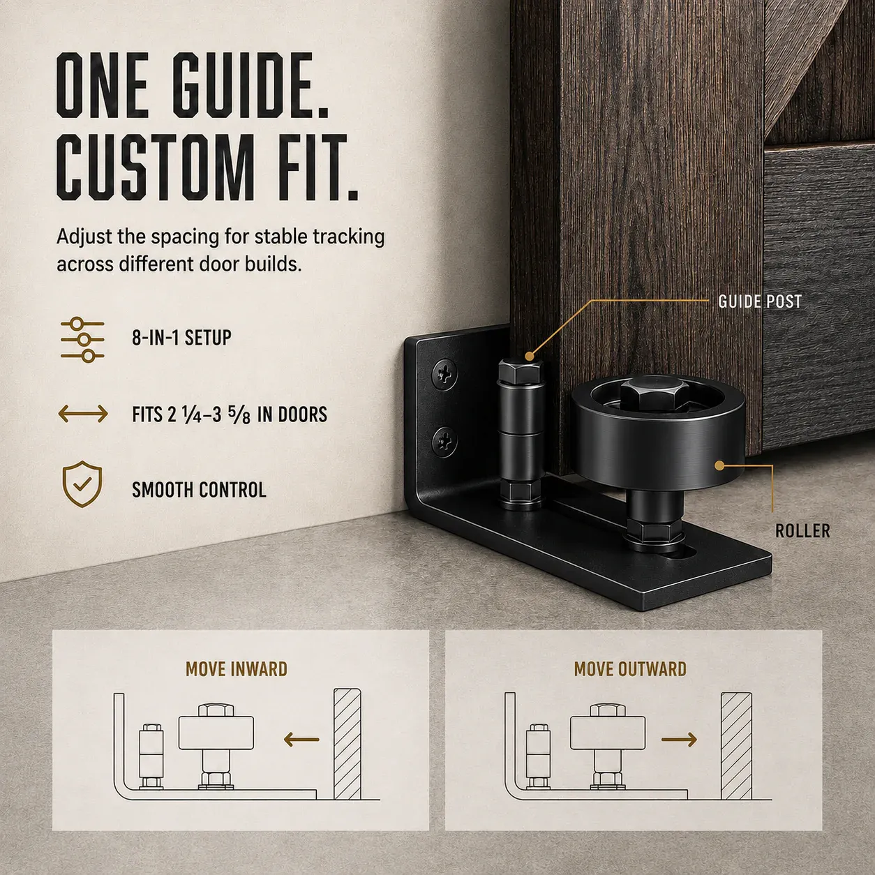 Adjustable barn door floor guide custom spacing for 2 1/4 to 3 5/8 inch doors