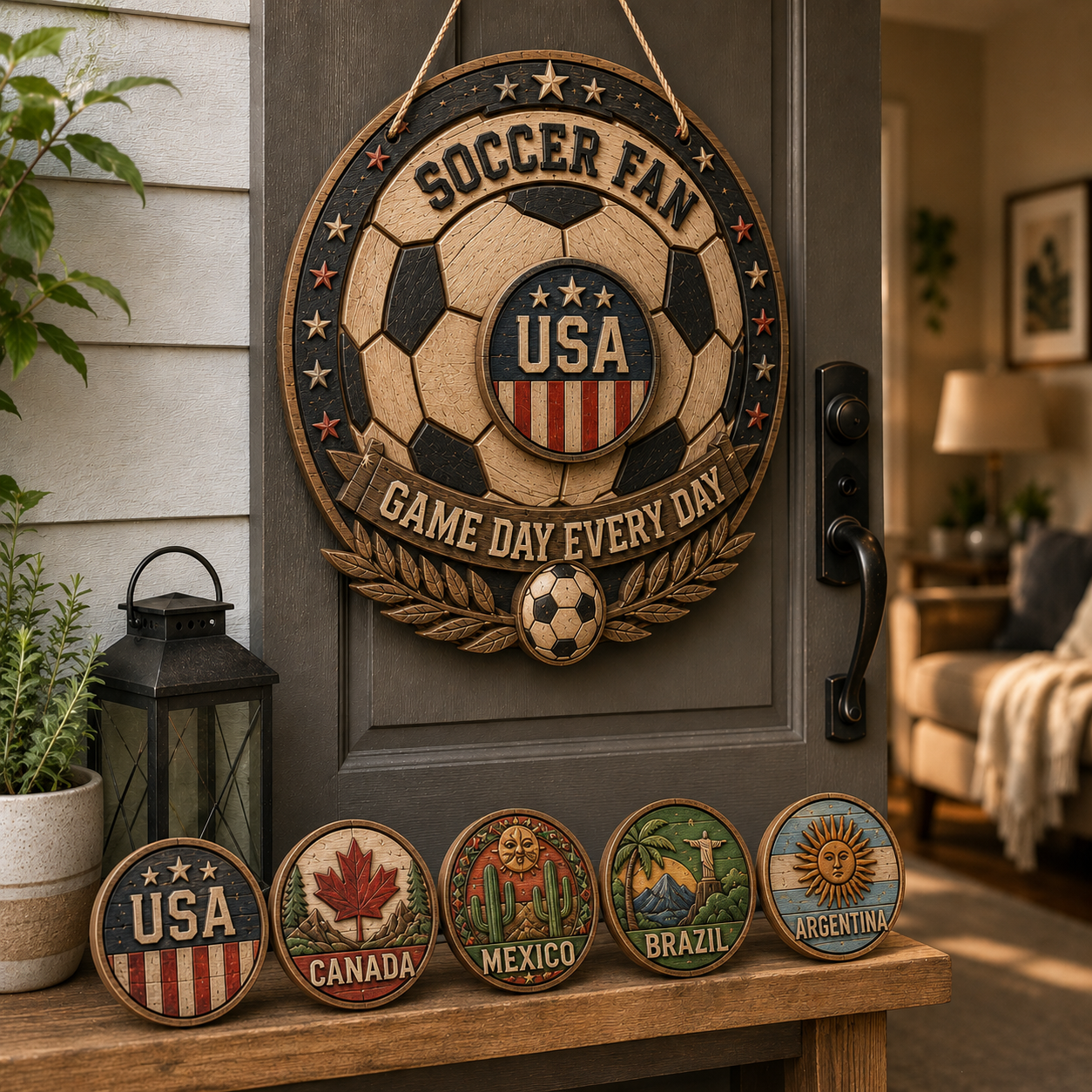 Wooden Soccer Fan Door Sign with interchangeable country badges