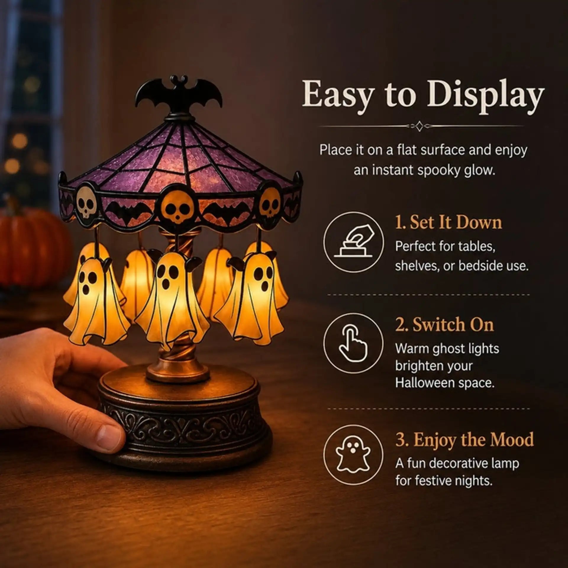 Detailed ghost characters rotating on the glowing carousel centerpiece